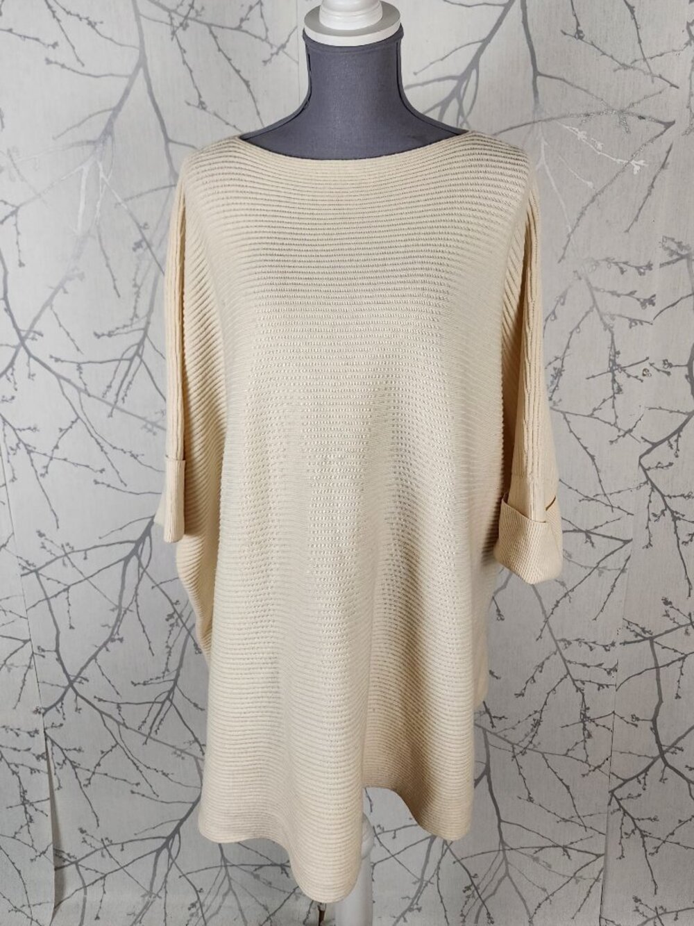 Repeat Ivory Merino Wool Ribbed Knit Batwing Tunic Sweater